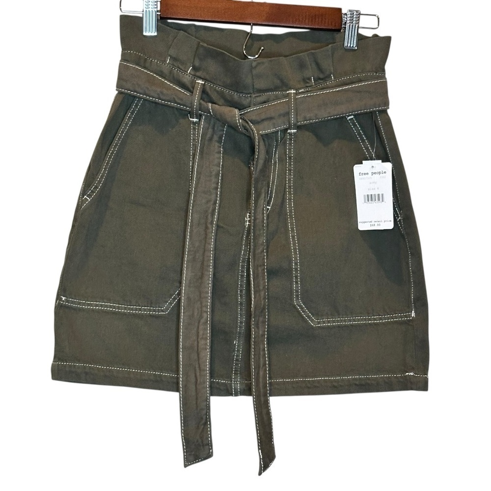 Free People Splendor  In The Grass Army Green Paper Bag Denim Skirt Size 4 NEW - Picture 3 of 11